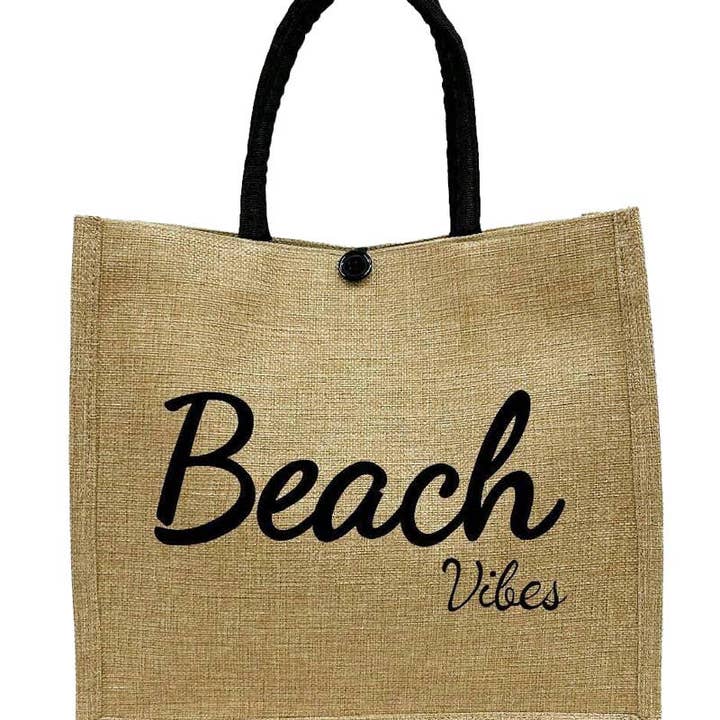 ASSORTED Beach Vibe Burlap Box Tote Beach Bag for wholesale on Faire3