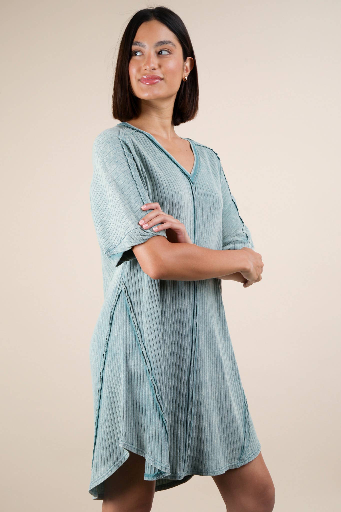 VERY J - Vente Robe – femme - Mini-robe droite en tricot côtelé délavé minéral ND3163614