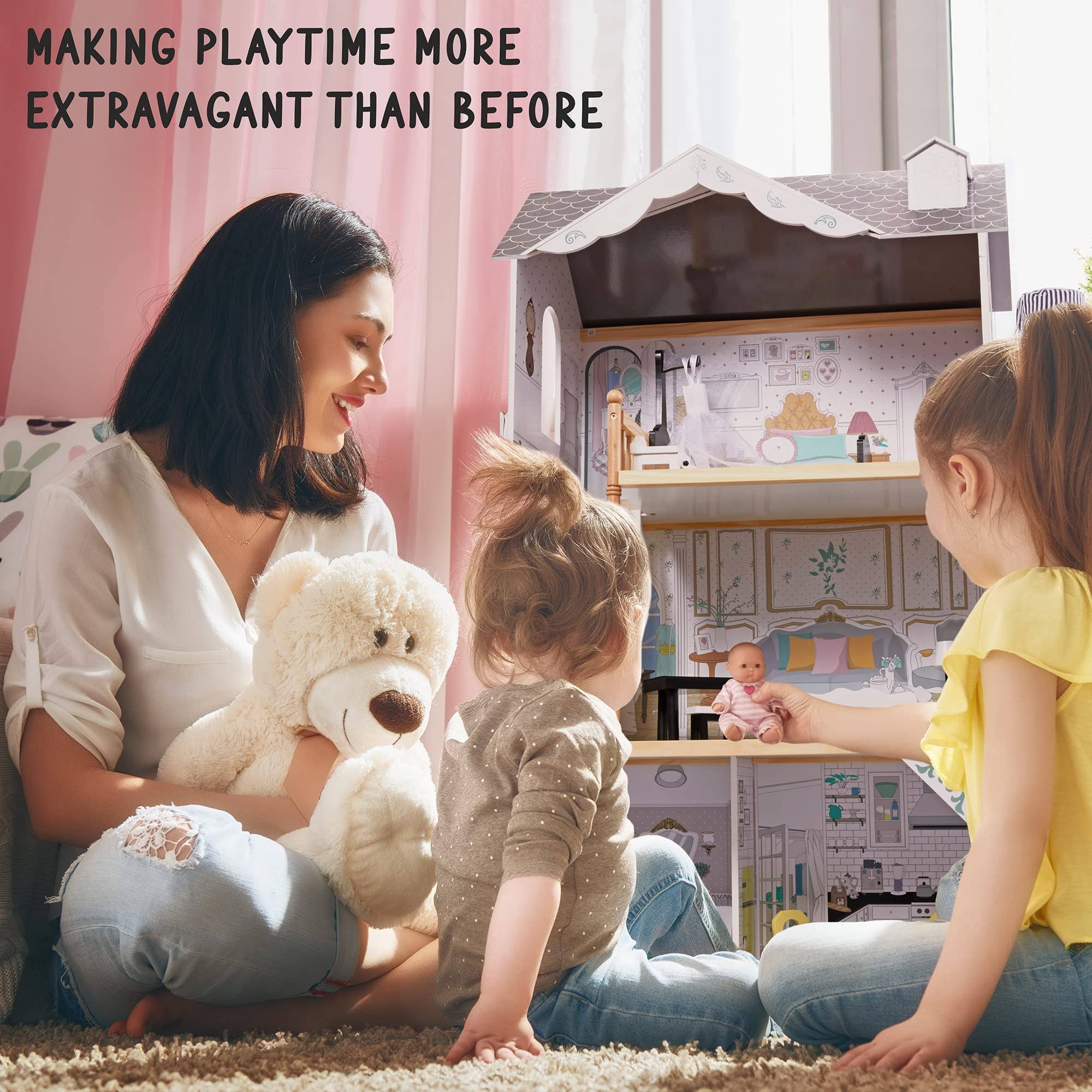 Jumbl - Wholesale Doll Accessory Kit - Kids - 3-Story Wooden Doll House Set W/Elevator, Balcony & Stairs14