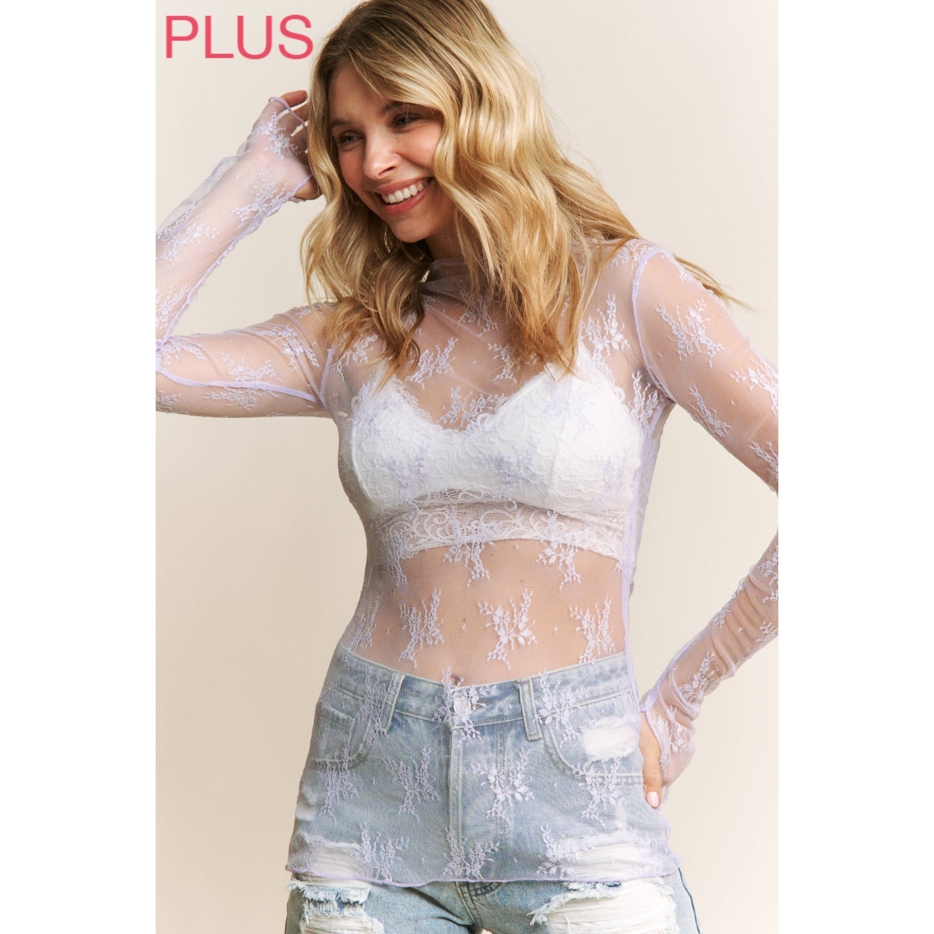 Sweet Generis – Engroshandel Strikket top - Dame – Plus size top med blondemesh, høj hals og tætsiddende pasform med lange ærmer52