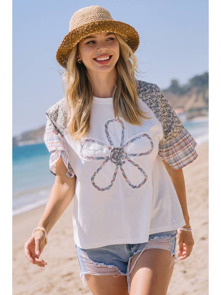 White Plus Contrast Color Block Short Sleeve Knit Top for wholesale on Faire