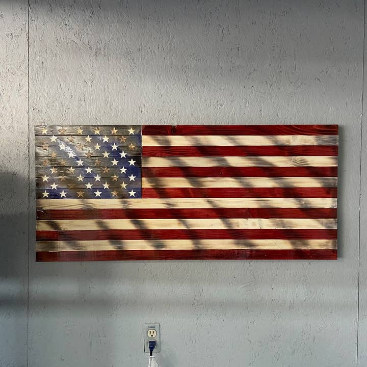 Large Distressed Wood American Flag with Burn Lines for wholesale by Full Woodworking, LLC