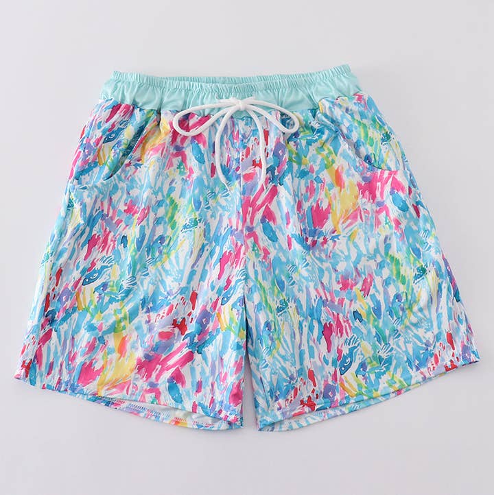 Mint rainbow splash dad swim trunks for wholesale by Aspen Rain Boutique