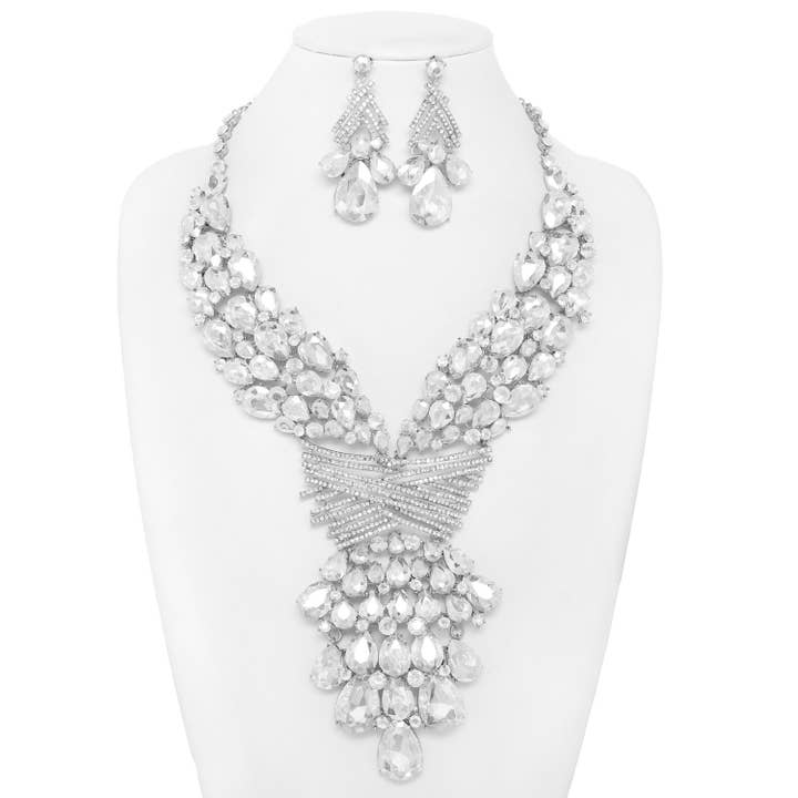 SP Sophia Collection - Wholesale Jewelry Set - Teardrops Crystal Cluster Bib Necklace Set 6