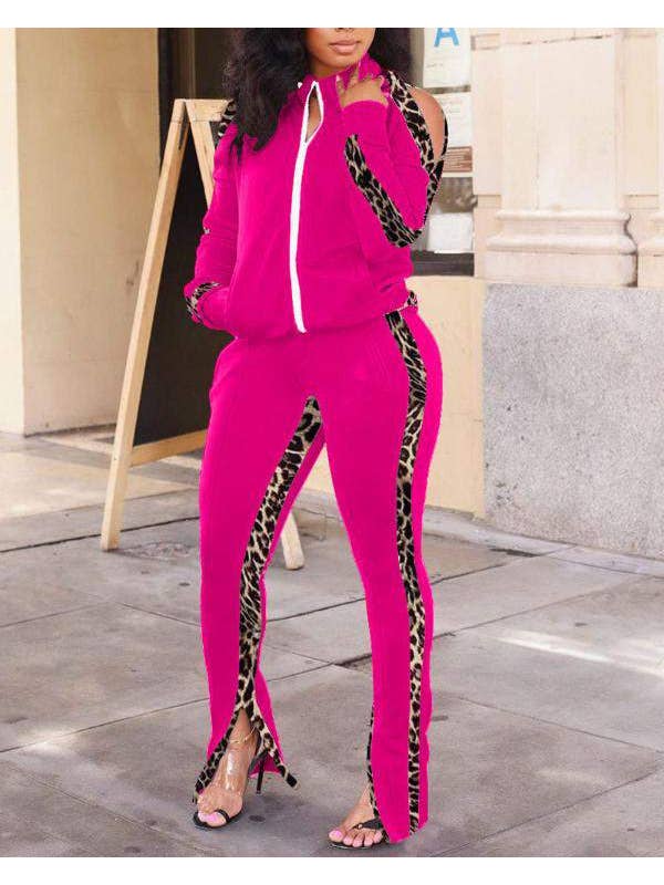 Queen Fashion - Wholesale Top & Skirt Set - Women's - patch long sleeve zip up top split hem pants set