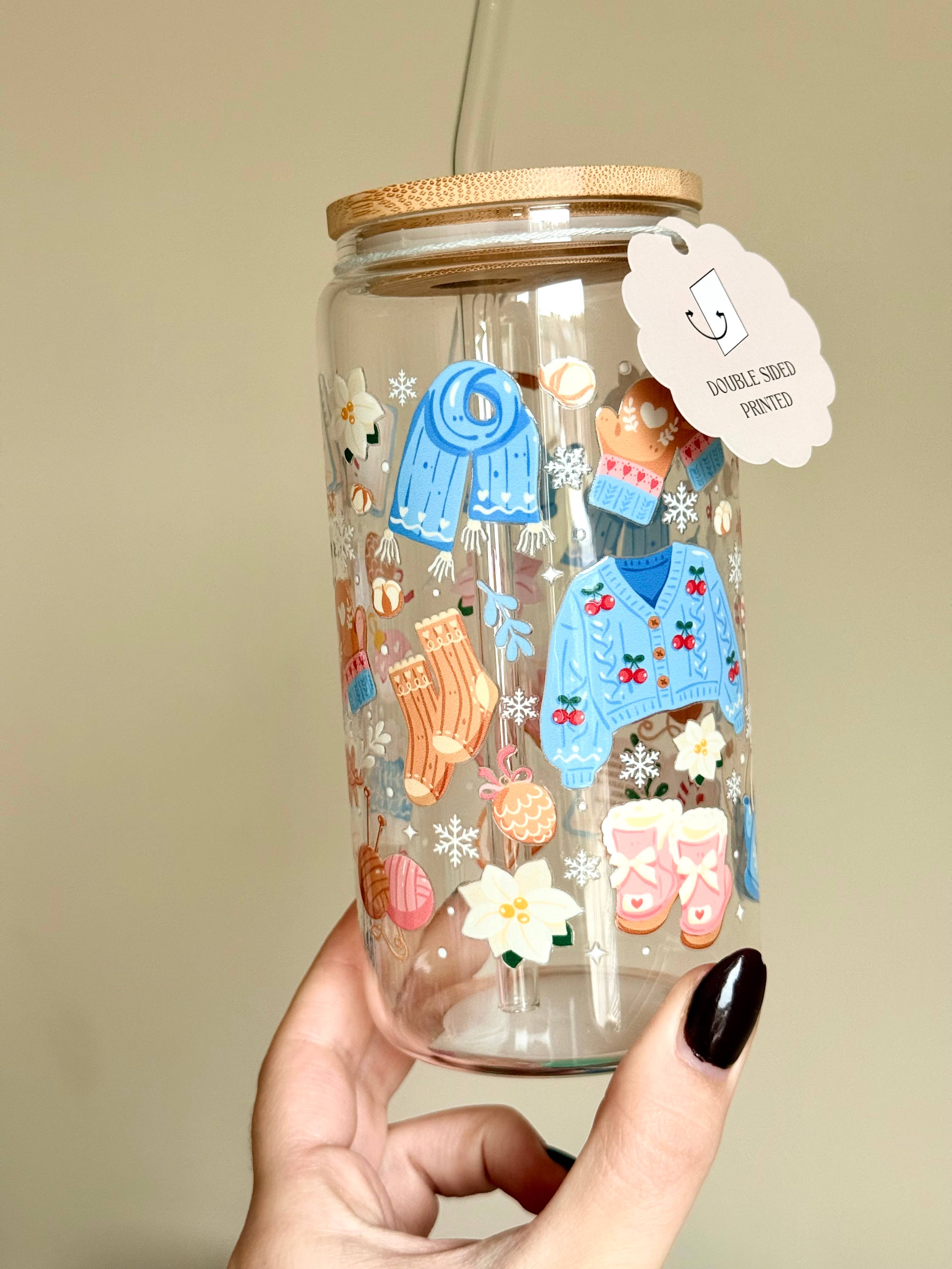 the cute cloud – Großhandel Trinkglas/Tasse – Gemütlicher Winter-Doppelwand-Glasbecher mit Deckel & Strohhalm1