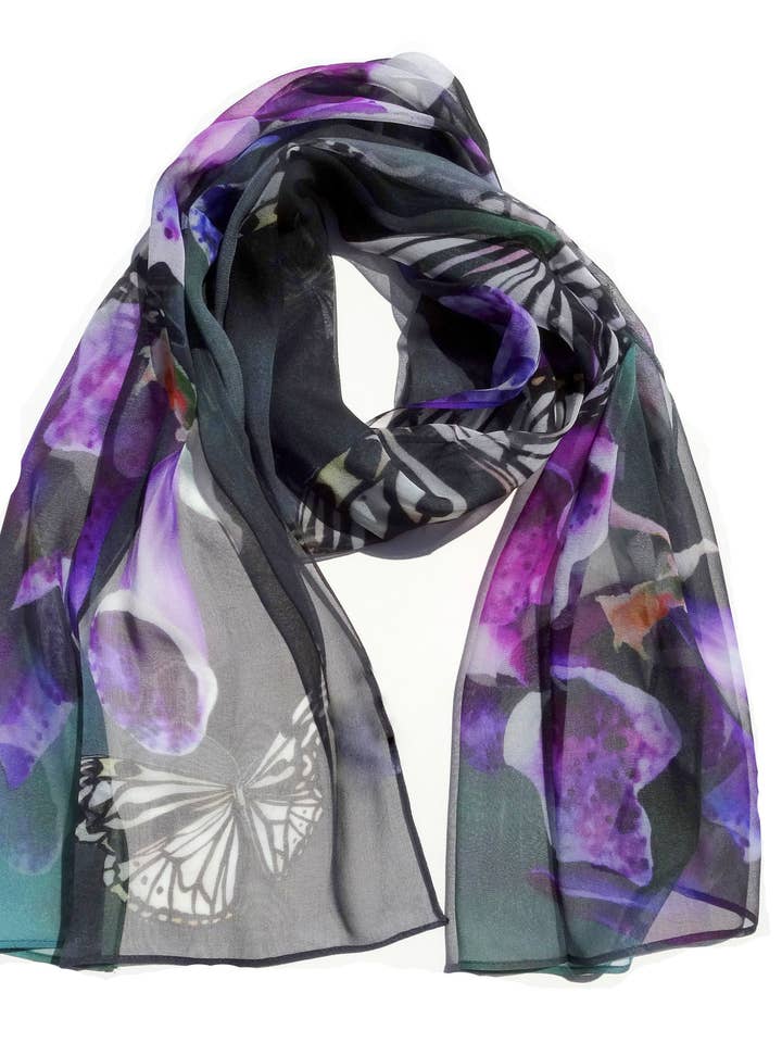 Bufanda de seda floral verde oscuro - Mariposa primavera seda transparente para venta al por mayor de Silk Squirrel