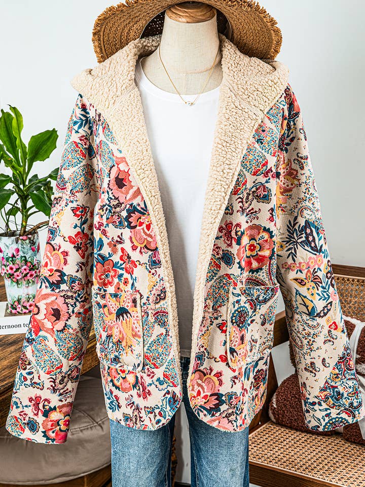 As shown Fashion-W Vintage Paisley Floral Sherpa Lined Hooded Jacket for wholesale on Faire2