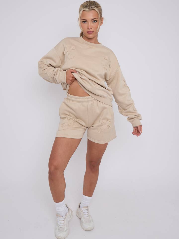 AX Labels - Wholesale Lounge Set - Women's - Crucifix Embroidered Sweatshirt & Shorts Fleece Co-ord1