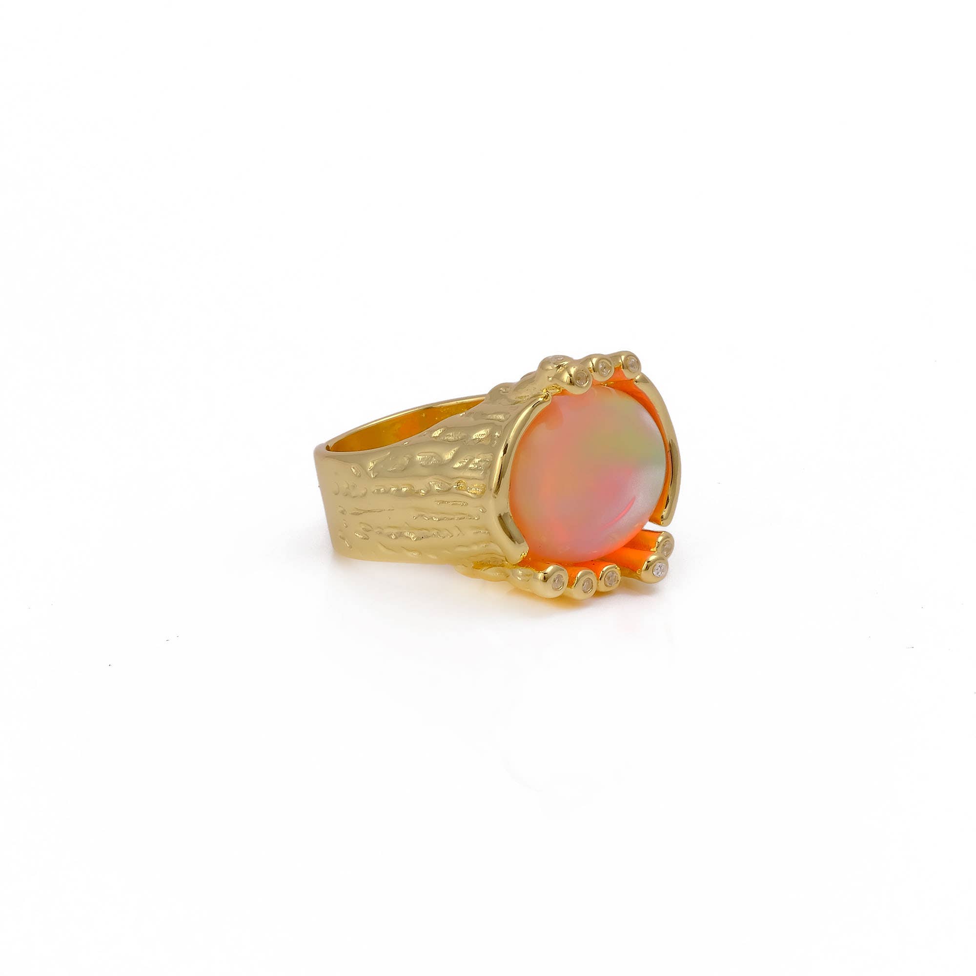 El Joyero - Wholesale Cocktail/Statement Ring - Pink Fire Opal Ring Adjustable Gold Plated Textured Cz Rings1