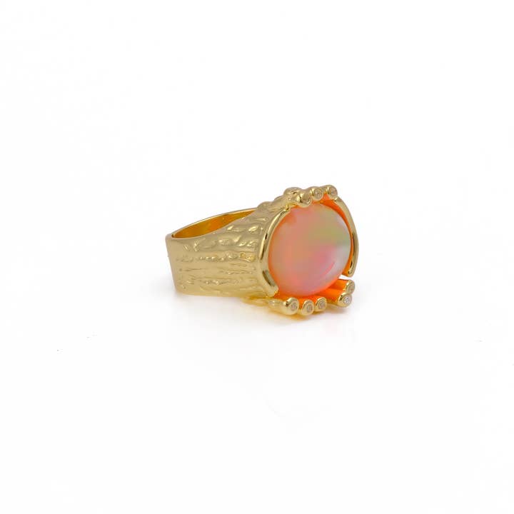 El Joyero - Wholesale Cocktail/Statement Ring - Pink Fire Opal Ring Adjustable Gold Plated Textured Cz Rings1