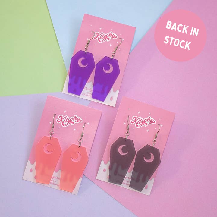 Crescent Moon Coffin Earrings Laser Cut Acrylic for wholesale by Kitschy