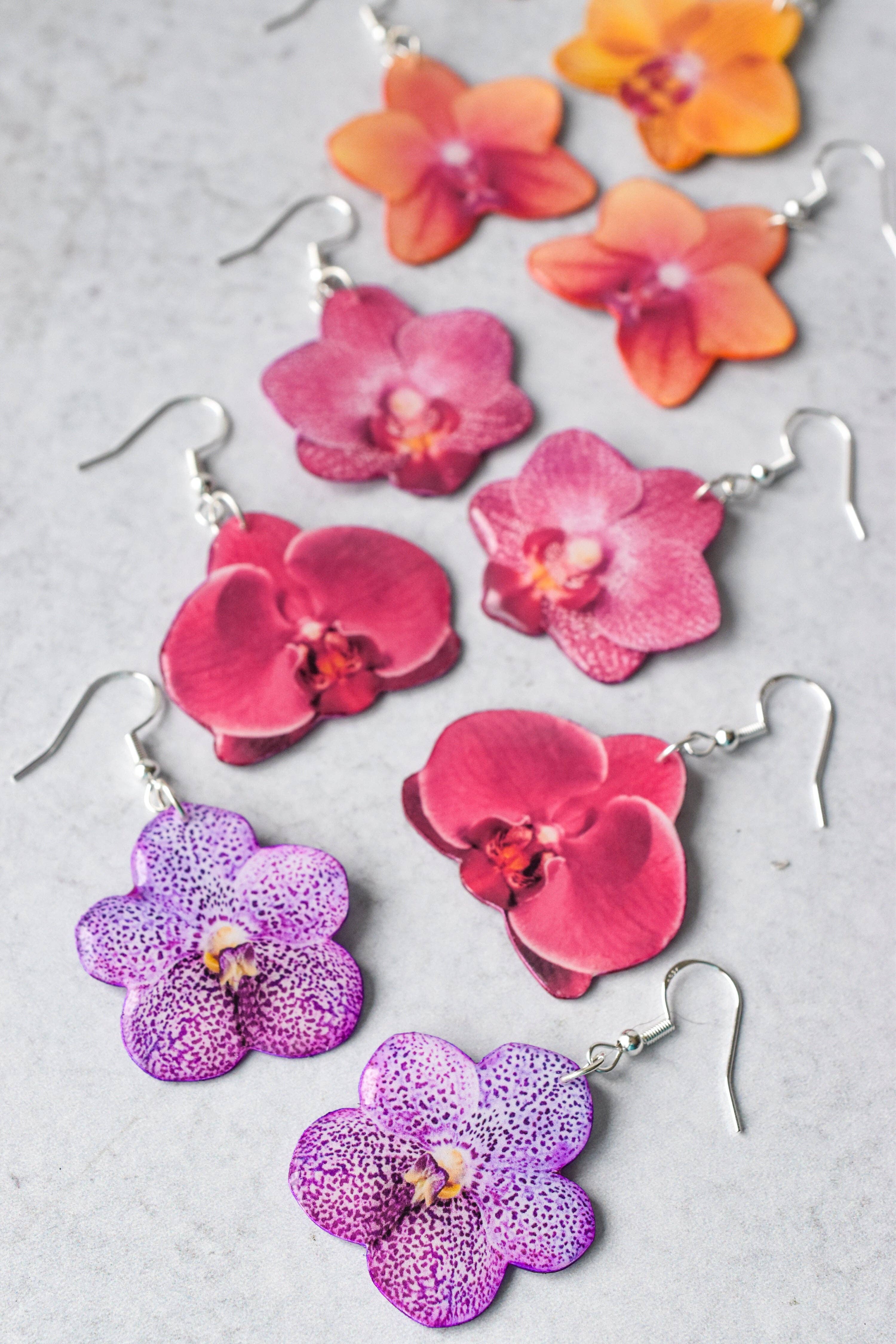 For the Love of Foliage - Wholesale Dangle Earrings - Magenta Orchid Bloom Plant Earrings | Blossom Earrings3