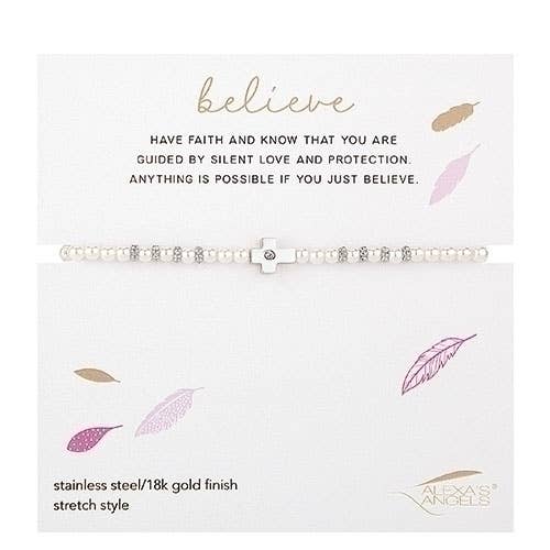 Bracelet extensible en argent croix dans un sac cadeau pour la vente par Roman