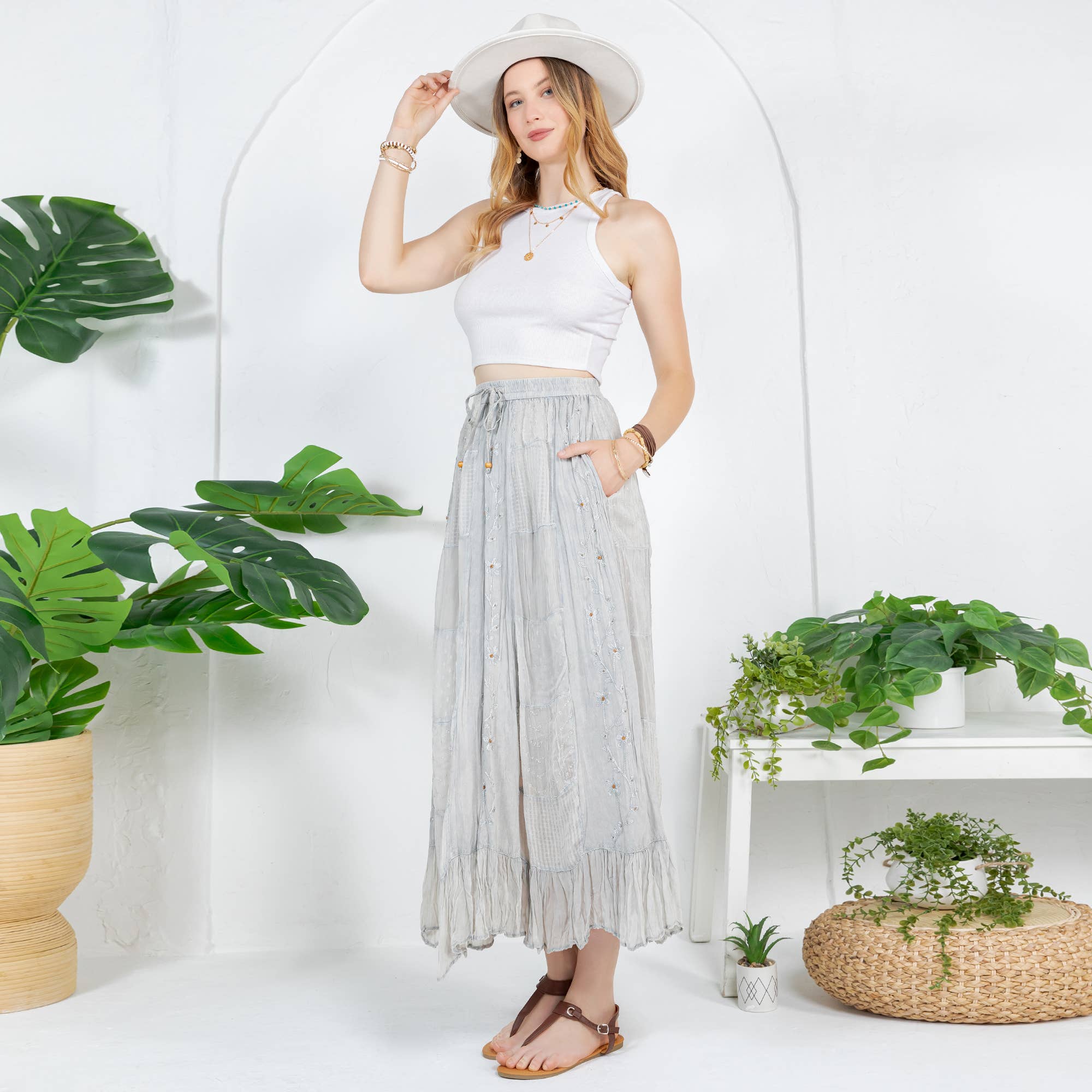 Young Threads - Wholesale Skirt - Women's - Women Patchwork Embroidered Maxi Skirt With Side Pockets15