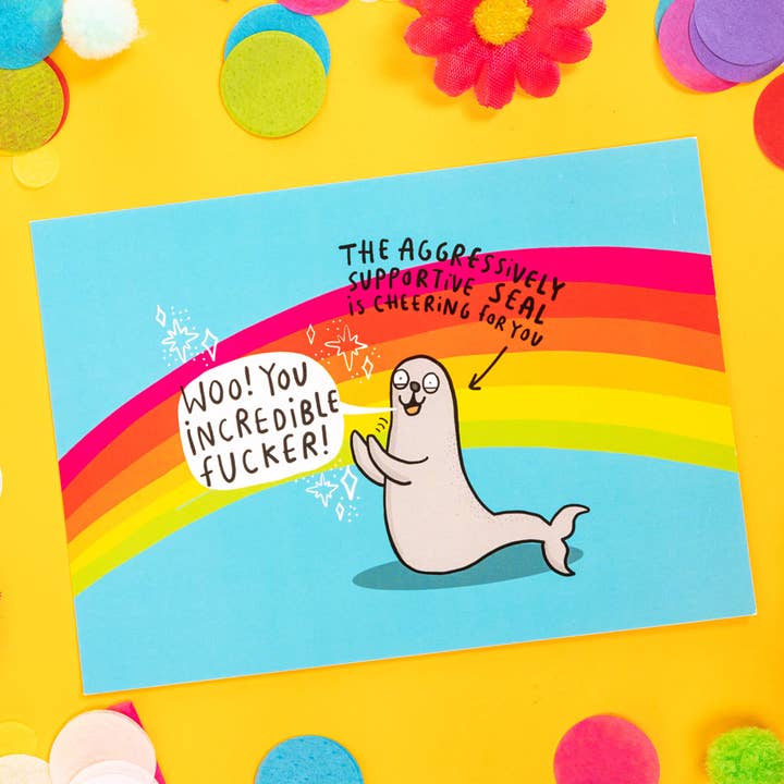 The Aggressively Supportive Seal Motivational A6 Postcard for wholesale by Katie Abey
