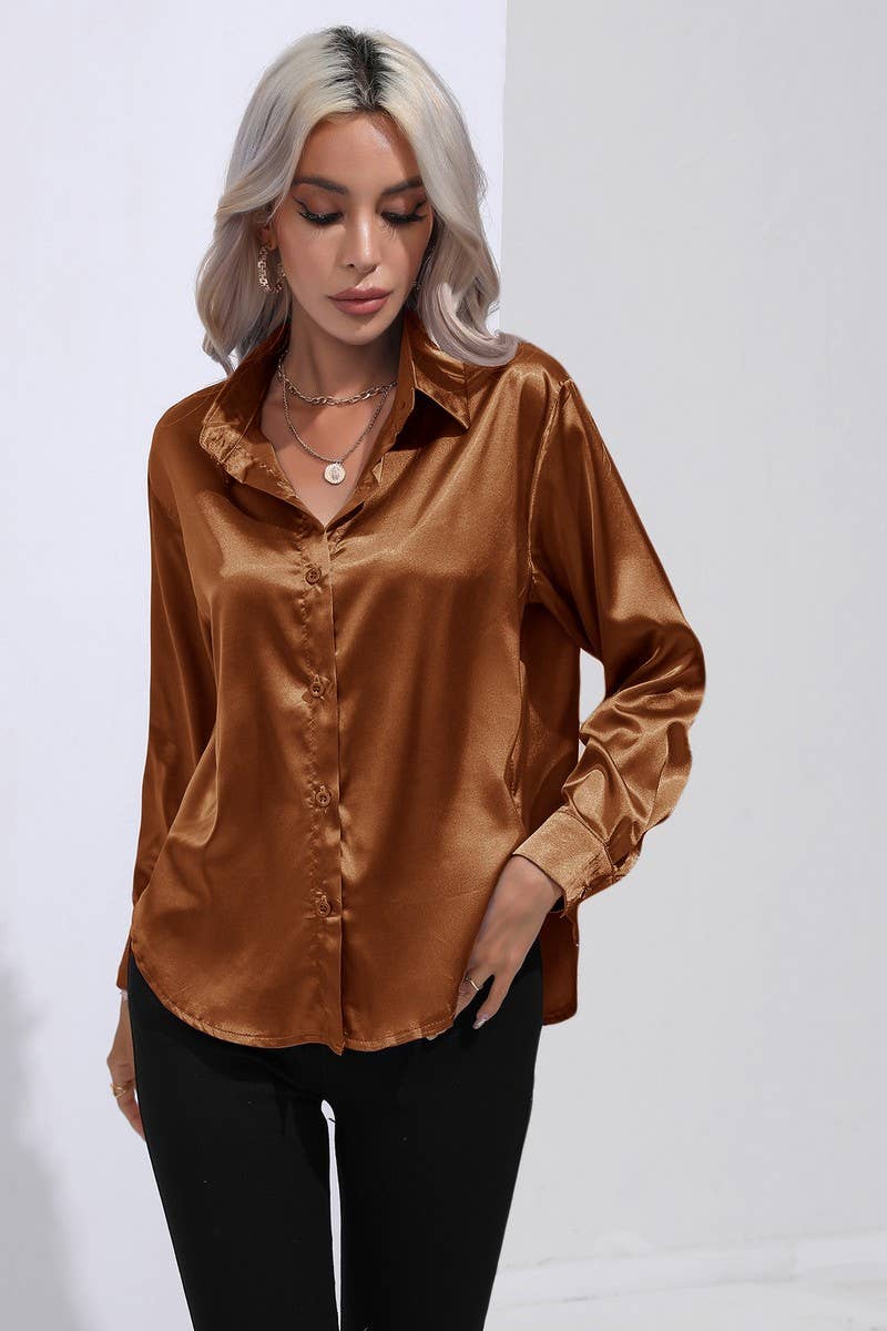 NINEXIS - Wholesale Button Down Shirt - Women's - CWTBLL0690_Button Down Silky Satin Long Sleeve Top74