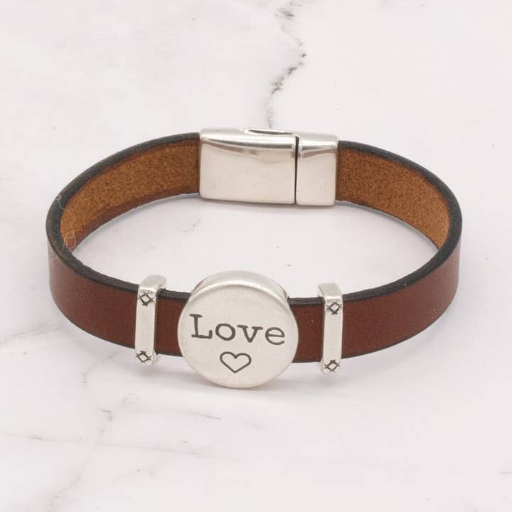 Leather Bracelet with Silver Charm & Magnetic Clasp - Love for wholesale by Arbor Trading Post