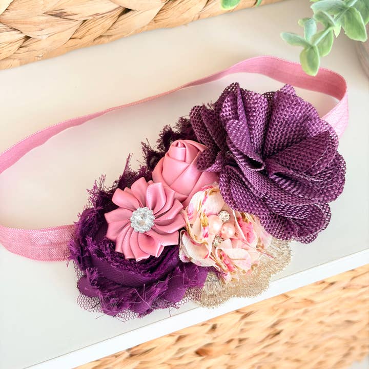 Fascia per capelli in chiffon color malva baby, fascia per capelli in iuta color prugna, fiocchi per la vendita all'ingrosso da parte di Jazy and Eve