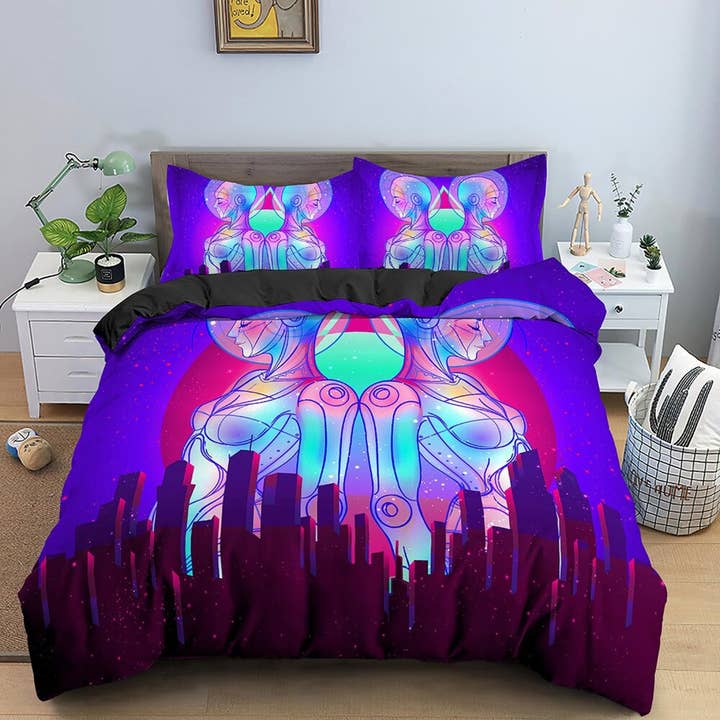 Trippy Art Skyscraper City Buildings Purple Bedding, Cool Hippie Psychedelic Duvet Cover Set, Vaporwave Unisex Bed Cover, 90s Neon Lights for wholesale by daintyduvet
