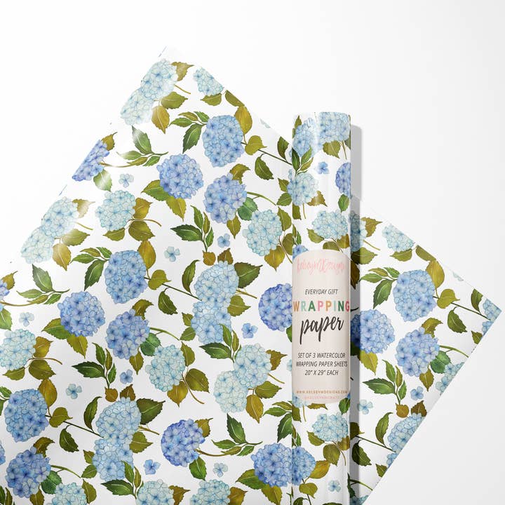 KelseyMDesigns - Wholesale Wrapping Paper Roll - Blue Hydrangea Pattern Wrapping Paper - 3 Sheet Roll