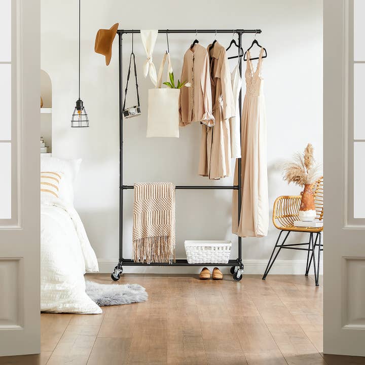 Industrial Double Rod Metal Clothing Rack on Wheels- for wholesale by Greenwestons