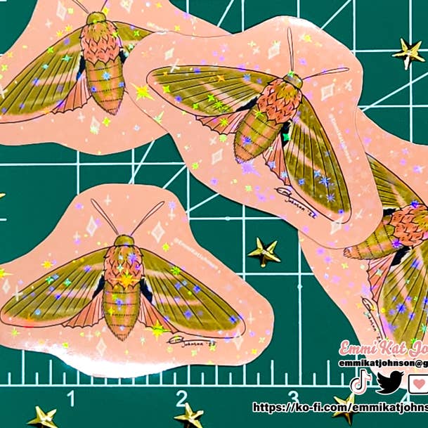 Elephant Moth Holographic Stickers for wholesale by Emmi Kat Johnson