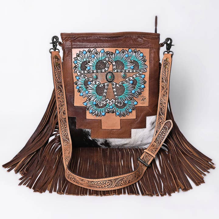 LS Western - Wholesale Messenger Bag - Women's - ADBG1633 Leather Thunderbird Messenger Bag with Turquoise Accents, Fringe & Tooled Strap1