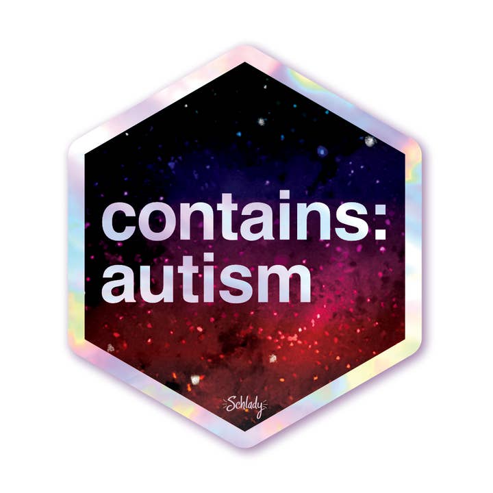 Contains Autism - Holographic Hexagon Sticker for wholesale by Schlady
