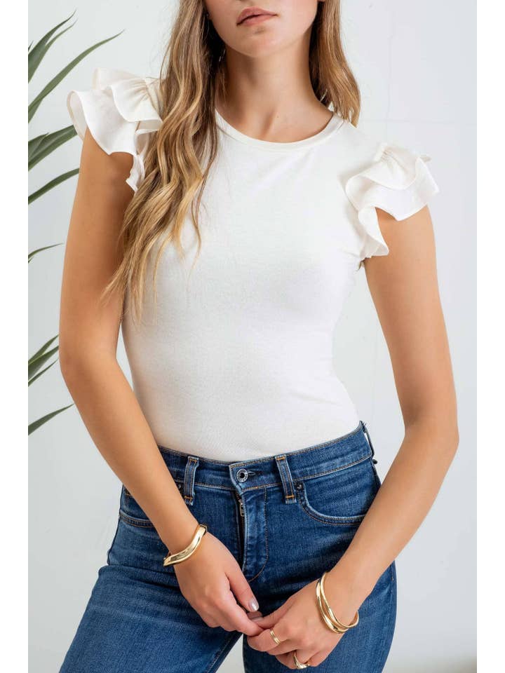 MINE - Wholesale Knit Top - Women's - SOLID RUFFLE FLUTTER SLEEVE KNIT TOP