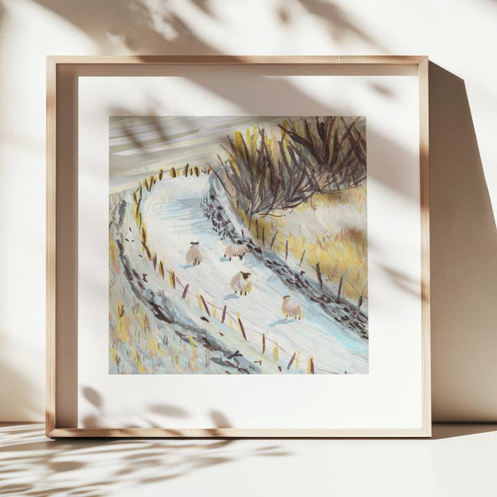 Winter Sheep, Snowy British Landscape Mounted Art Print for wholesale by Emily Laura Designs