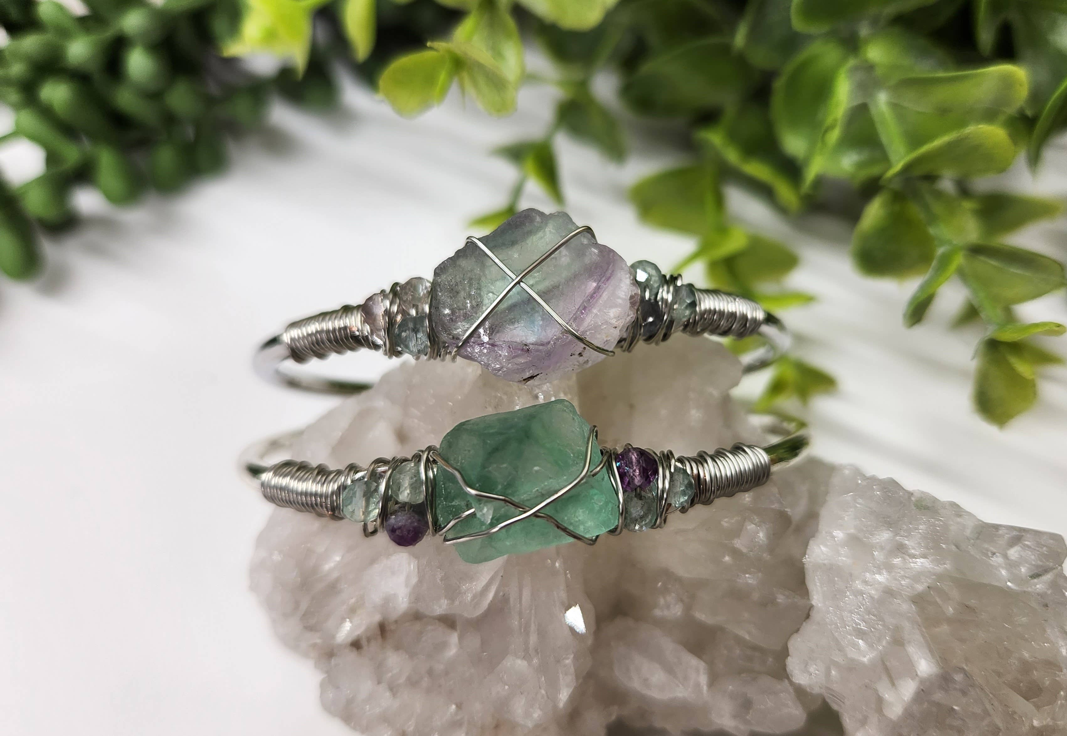 Meraki Gemstones - Wholesale Cuff Bracelet - Rainbow Fluorite/R. Fluor.Rough Gemstone Wire Wrapped Bangle5