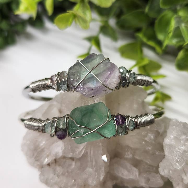 Meraki Gemstones - Wholesale Cuff Bracelet - Rainbow Fluorite/R. Fluor.Rough Gemstone Wire Wrapped Bangle5