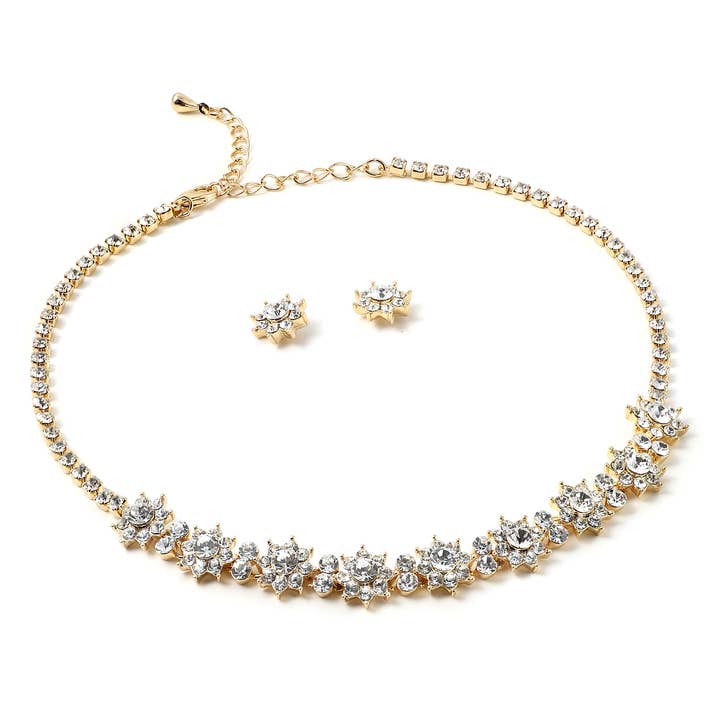 Conjunto de Colar de Cristal Dourado com Pedras e Brincos de Flor por atacado de Cool Crystals