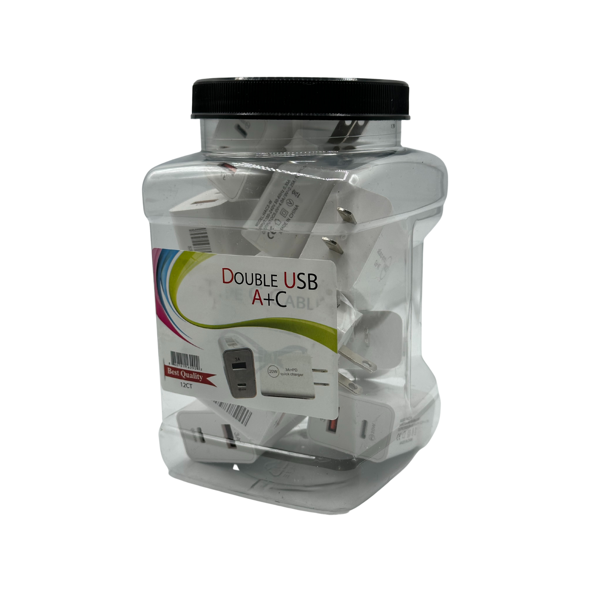 K & S WHOLESALE INC - Wholesale Power Adapter - Wall Double USB A+C Adapter Jar Display 12CT1