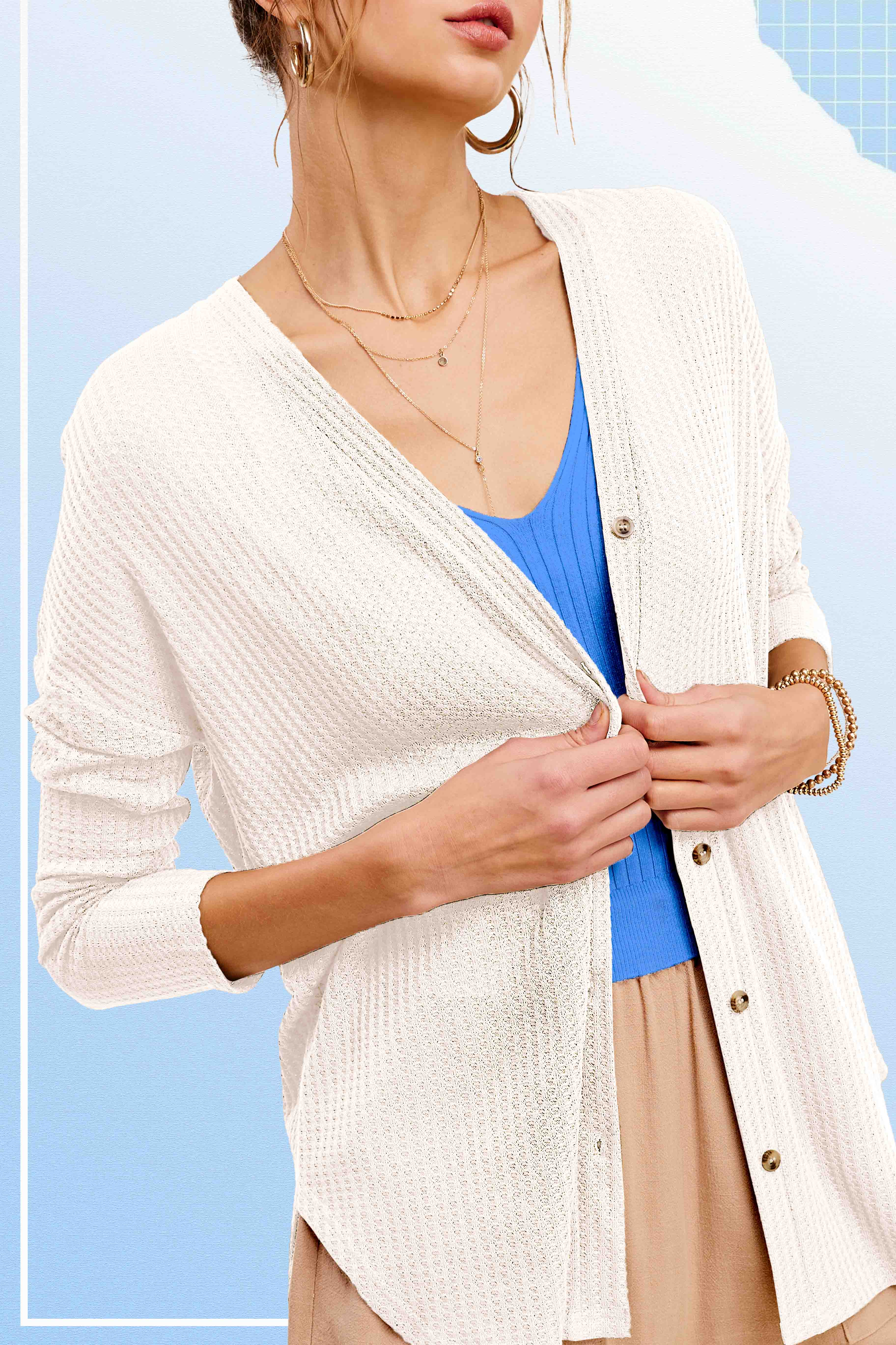 La Miel - Wholesale Cardigan - Women's - HBC2175-Soft Waffle Fabric Button Down Long Sleeve Cardigan15