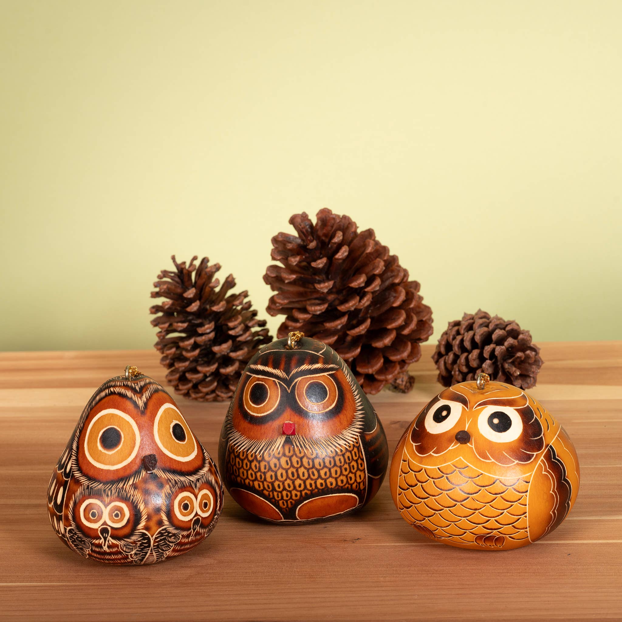 Lucuma Designs - Wholesale Ornament - Owls Mix - Gourd Ornament - Artist Made3