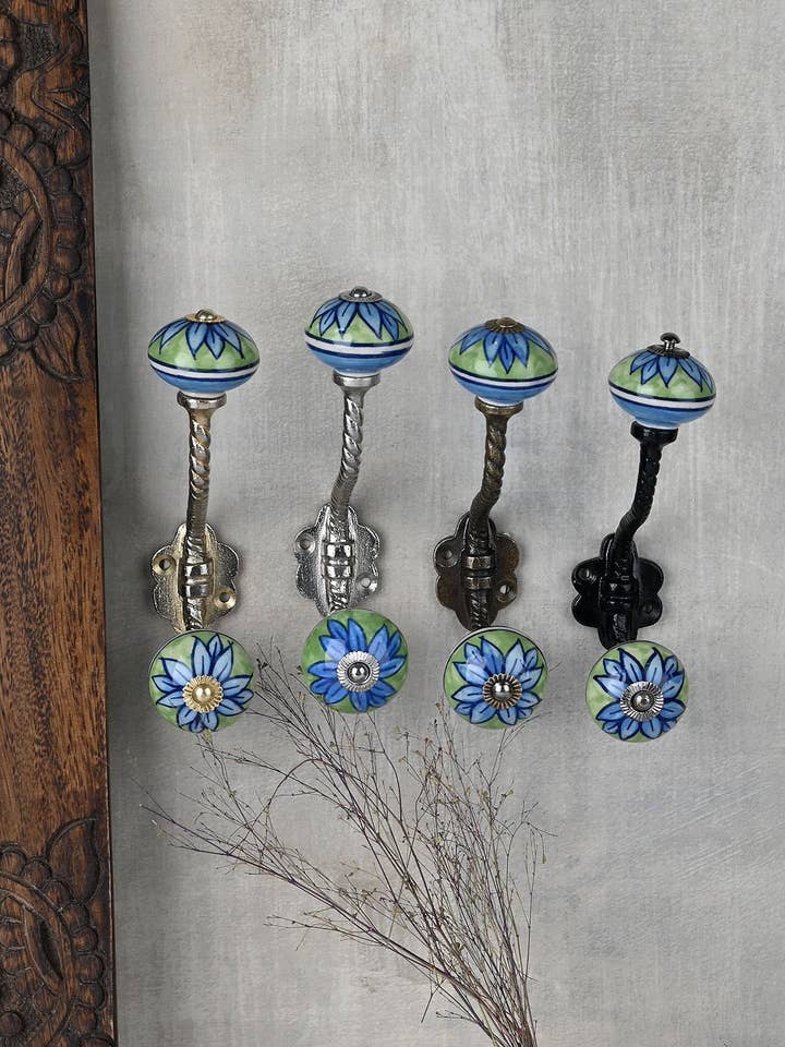 Turquoise Decorative Handmade Ceramic Wall Hooks |Vintage Wall Hooks | Coat Hooks |Metal Wall Hooks |Furniture Hardware Hooks | Bath Hooks for wholesale by KNOBCO