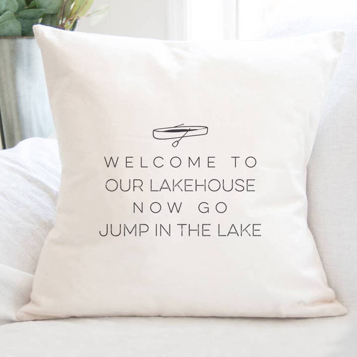 Welcome Lakehouse (Canoe) - Square Canvas Pillow for wholesale by Cottage Shore