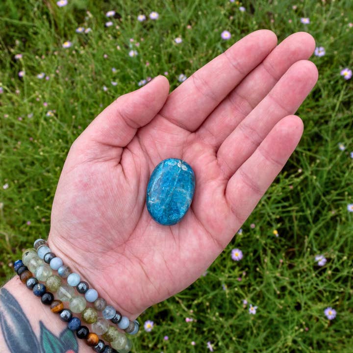 Blue Apatite Palm Stone. for wholesale by Down To Earth