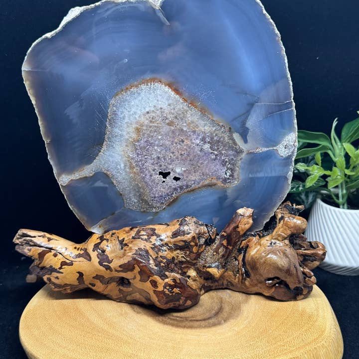 The 7 Directions - Wholesale Spiritual Stone/Crystal - 8 1/2" Agate amethyst druzy slab w/ custom stand F7974