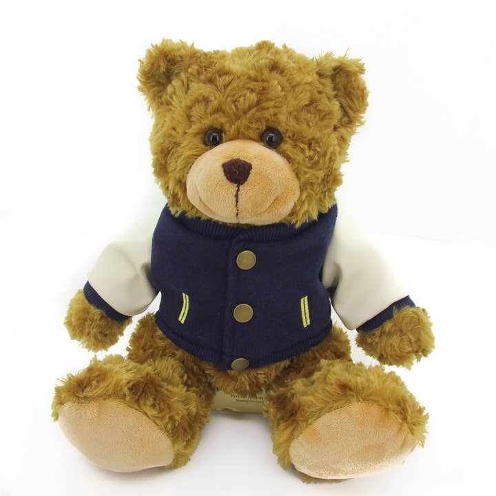 Plushland - Wholesale Stuffed/Plush Toy - Kids & Baby - Teddy Bear Mocha 11" with Customizable Varsity Jacket Navy
