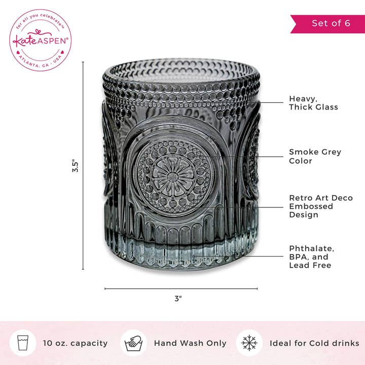 Kate Aspen - Wholesale Cocktail/Liquor Glass - 10 oz. Ribbed Retro Arch Floral Smoke Grey Drinking Glasses (Set of 6)