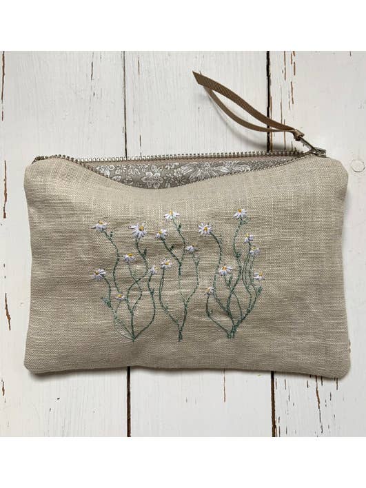 Daisy Meadow Embroidered Linen Pouch for wholesale by Sarah Becvar Design