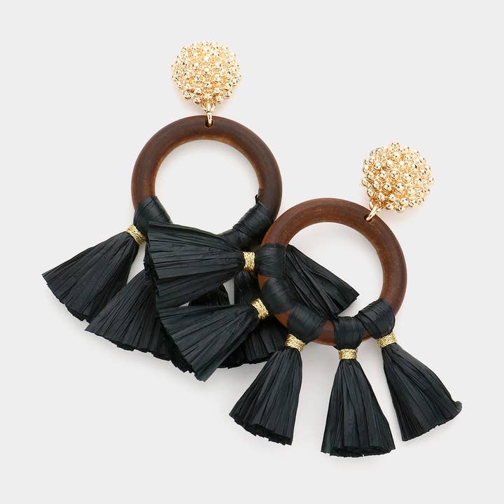 Wood Open Circle Raffia Tassel Dangle Earrings for wholesale by Sensibling Corp.