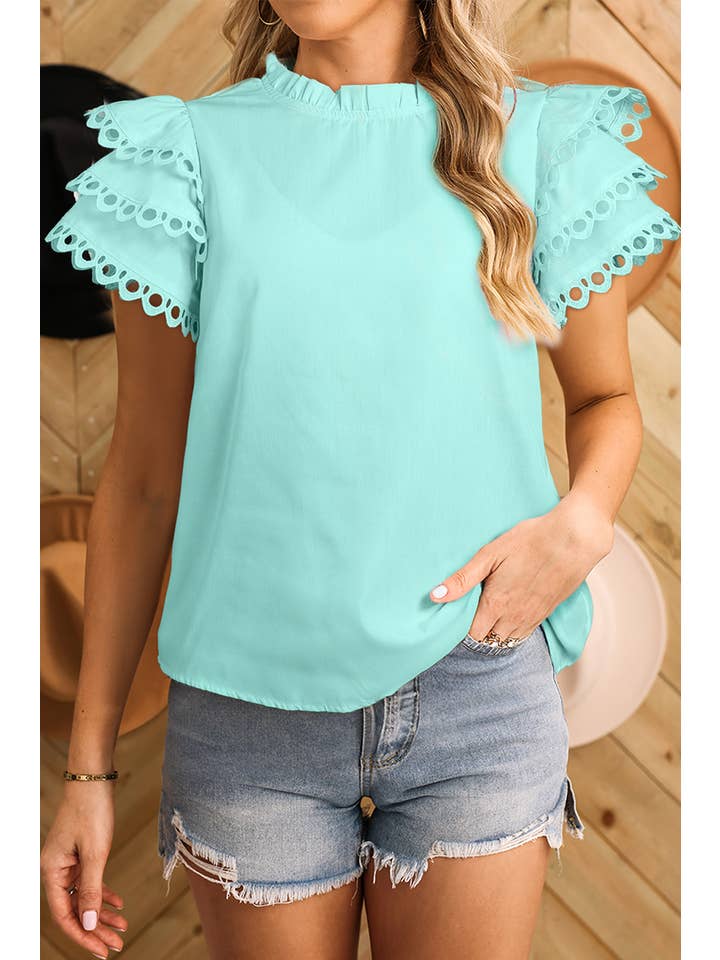 Aapparella - Wholesale Blouse - Women's - Women Layered Rickrac Cap Sleeve Filled Neck Blouse | S-XL