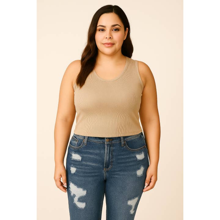 PLUS RIBBAD HÖG HALS ÄRMLÖS BROTTARRYGG TANK TOP för wholesale av Pinkbloom