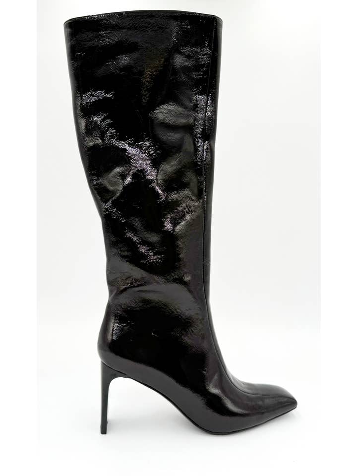 Svart Mishel höga stövlar i svart lackläder för wholesale på Faire1