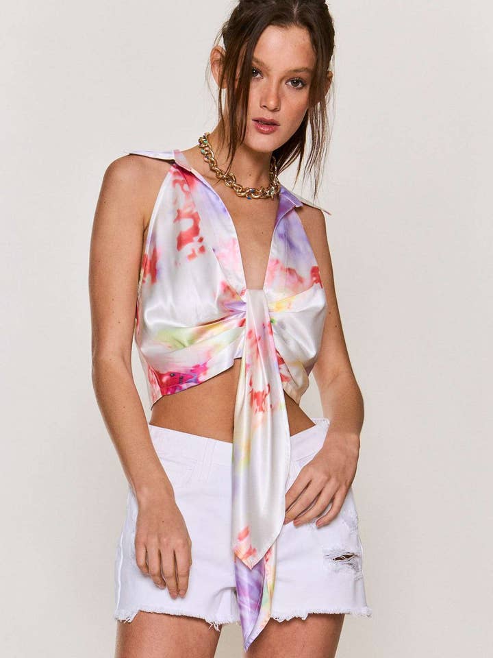 TIE DYE SATIN HALTER FRONT BUTTON DOWN TOP for wholesale by Hers & Mine