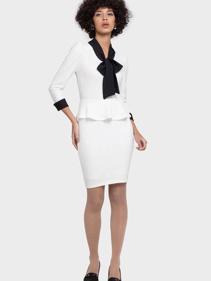 White/Black Scarf Pepplum Dress for wholesale by LBV Fashion